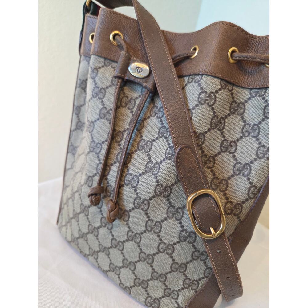Gucci GG Supreme Monogram Bucket Bag Brown Leather Drawstring Vintage Web Stripe - Picture 4 of 15